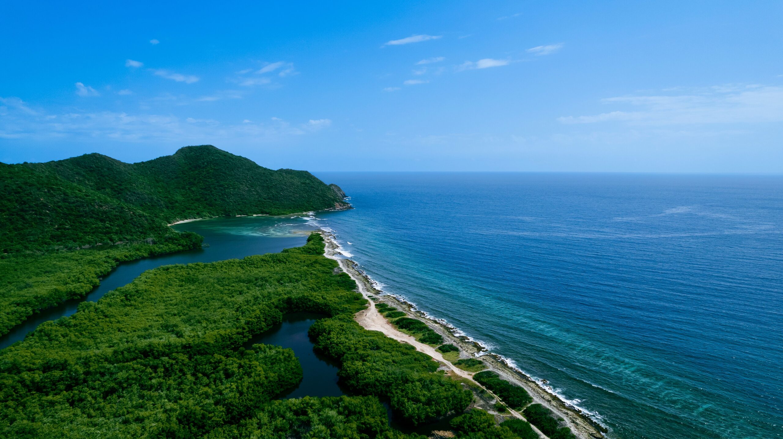 A stunning aerial view of the Caribbean coastline in Carabobo, Venezuela, showcasing lush greenery and turquoise waters.